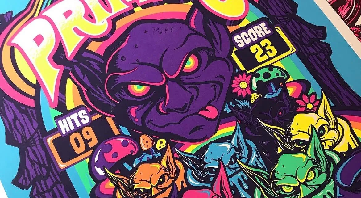 Poster ilustrado de recital, estilo arcade psicodélico